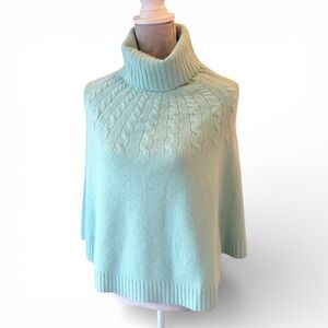 WHITE + WARREN Mint Cashmere Green Cable Knit Turtleneck Poncho Sweater Cape, M